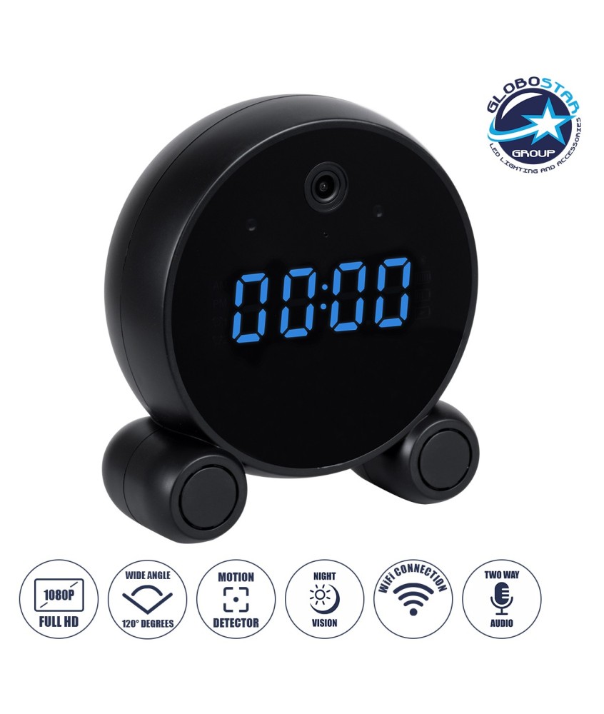 GloboStar® 86016 Rechargeable Table Camera 2MP WiFi HD 1080P 120° 5000mAh Two Way Audio Motion Detection & Digital Clock - Επαναφορτιζόμενη Επιτραπέζια Κάμερα 2MP WiFi HD 1080P 120° 5000mAh Διπλή Κατέυθυνση Ομιλίας Ανιχνευτή Κίνησης Ψηφιακό Ρολόι - Μαύρο